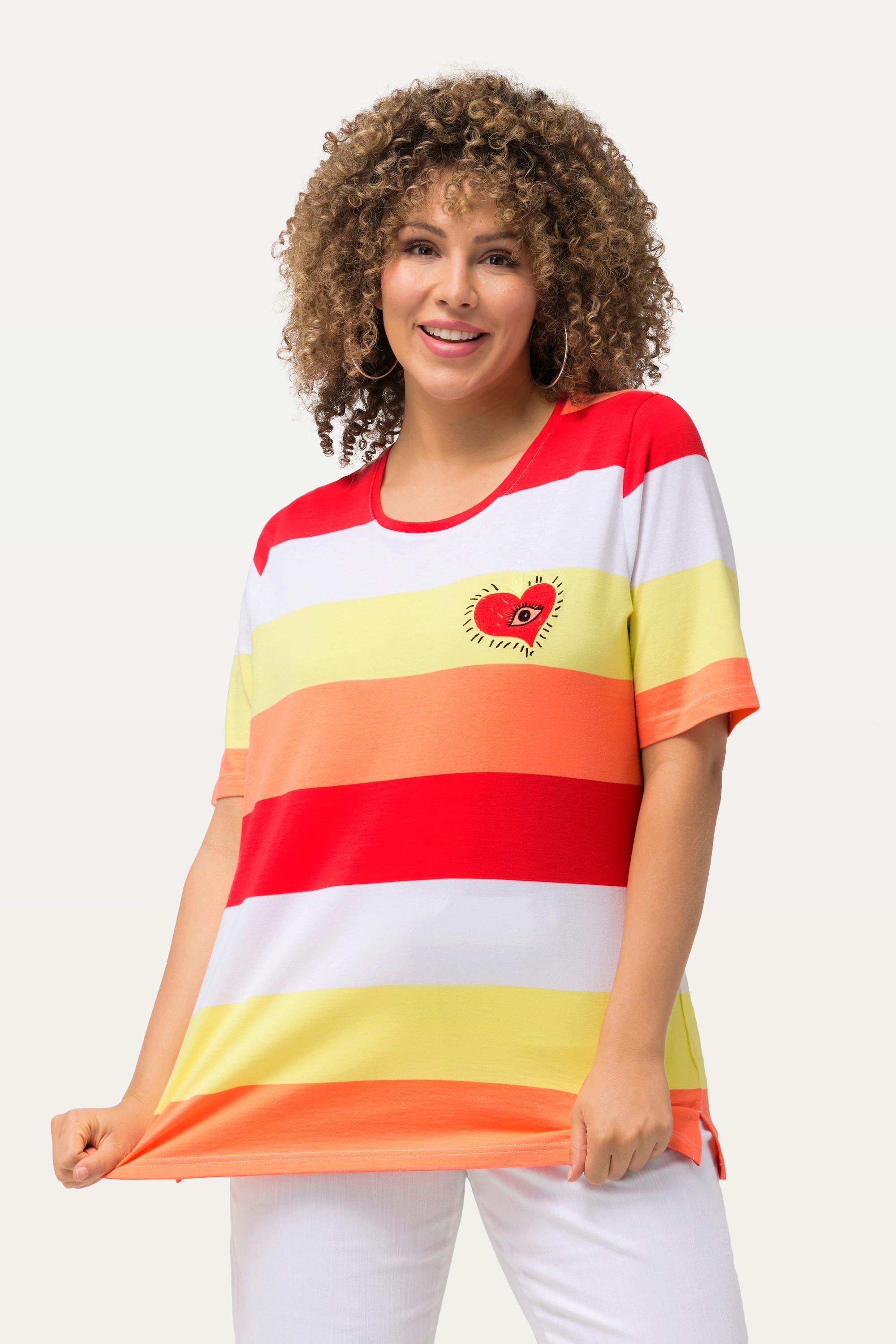 Ulla Popken  T-shirt con righe, ricami, scollo a girocollo e mezze maniche 