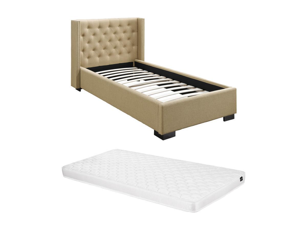 Vente-unique Letto 90 x 200 cm con testata trapuntata Tessuto Beige + Materasso  - MASSIMO II  