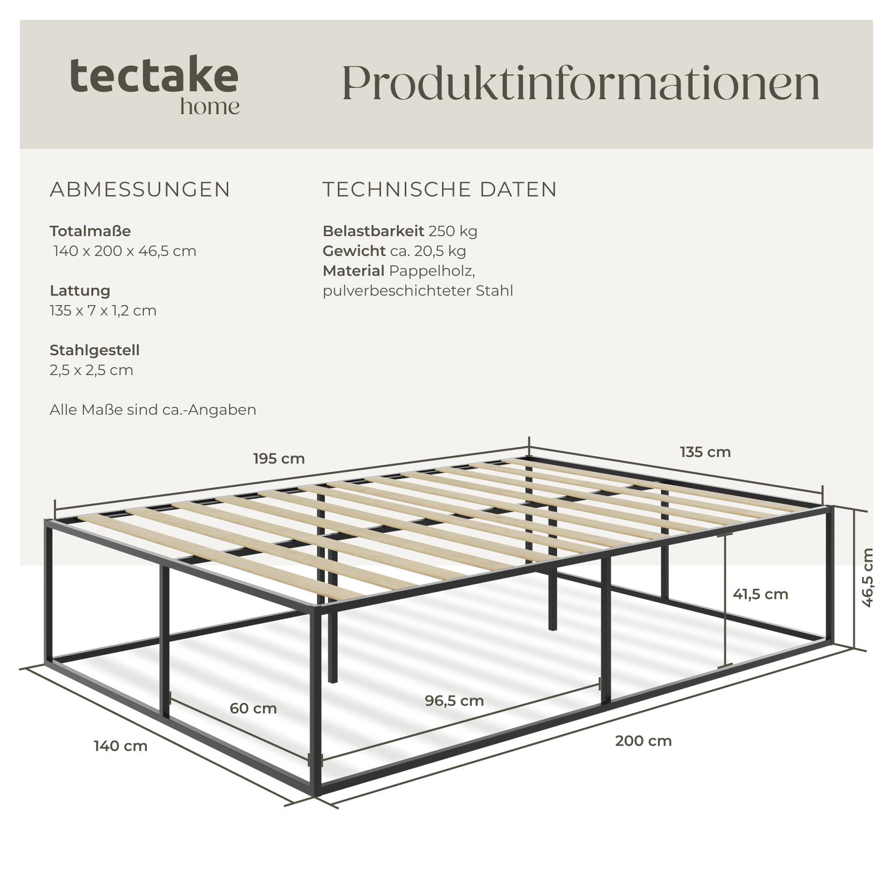 Tectake Cadre de lit en acier KYOTO avec sommier à lattes, 250 kg  