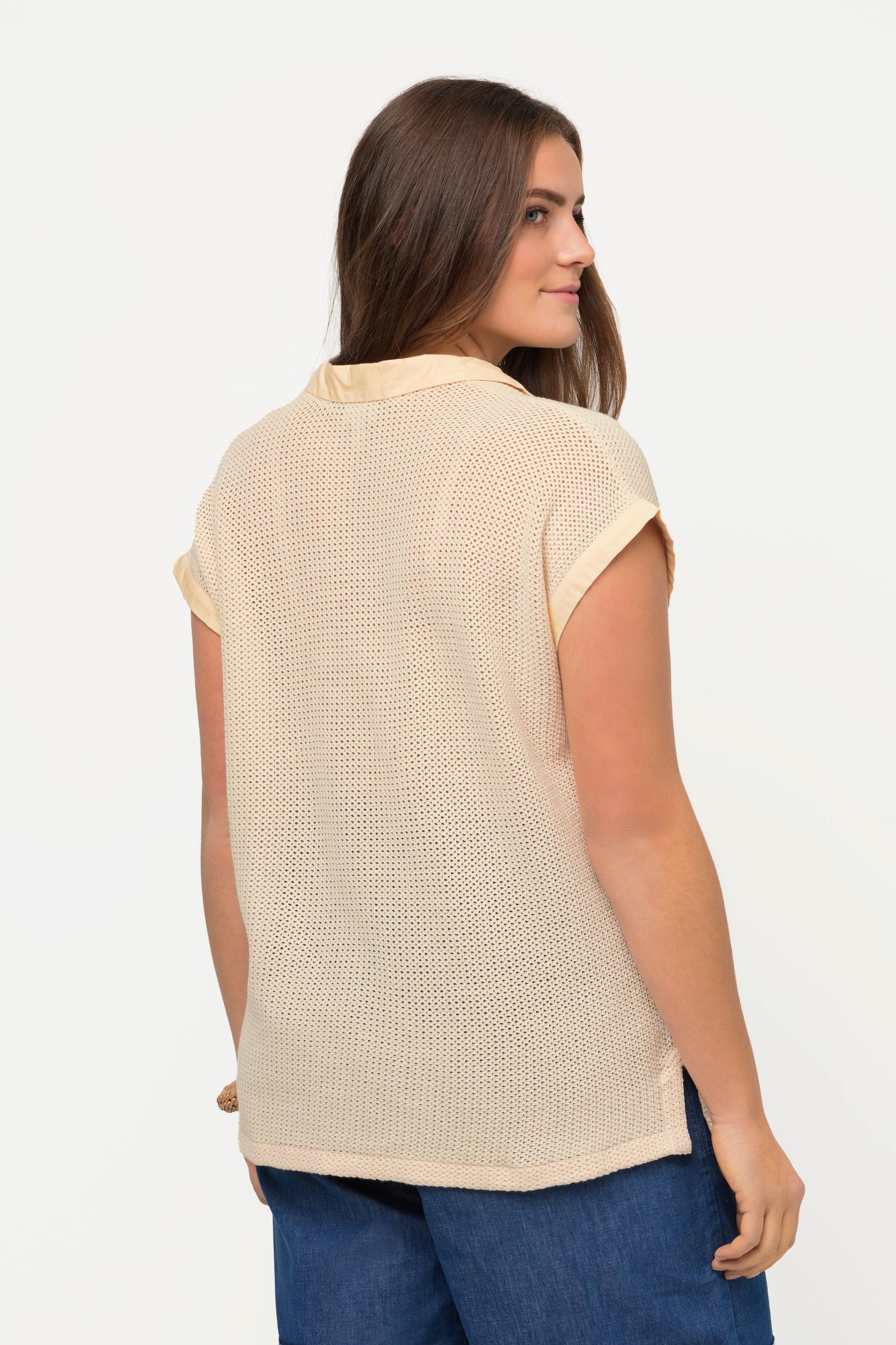 Ulla Popken Maglione Polo Mezza Manica Maglia Traforata  