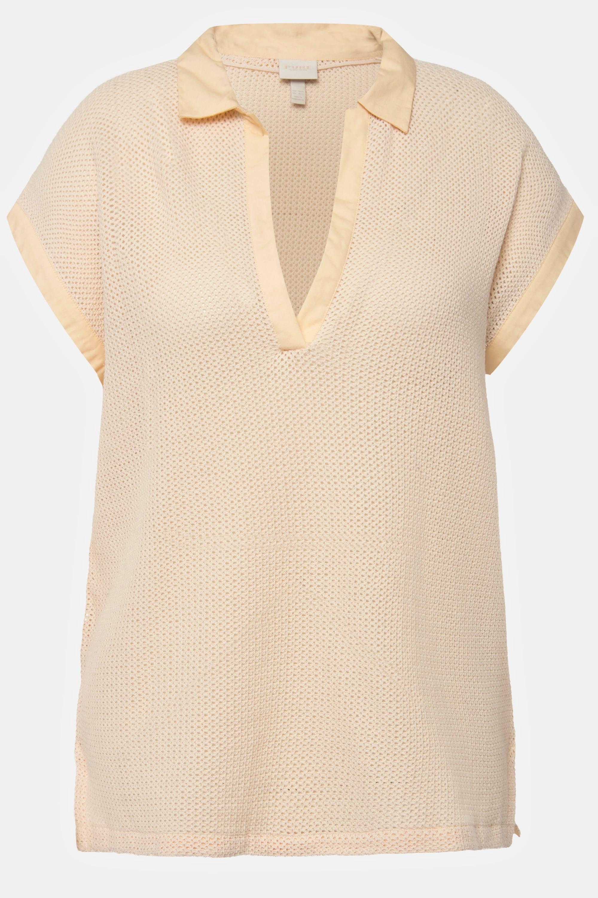 Ulla Popken Maglione Polo Mezza Manica Maglia Traforata  