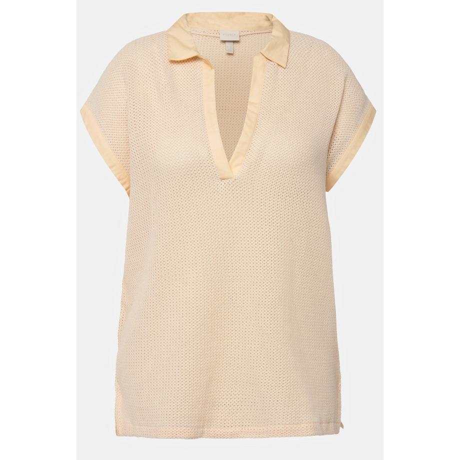 Ulla Popken Pull Maille Ajourée Col Polo Manches Courtes  