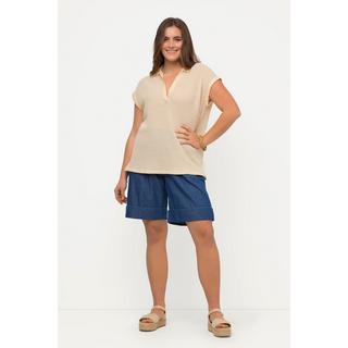 Ulla Popken  Maglione polo in cotone biologico con forellini e mezze maniche 