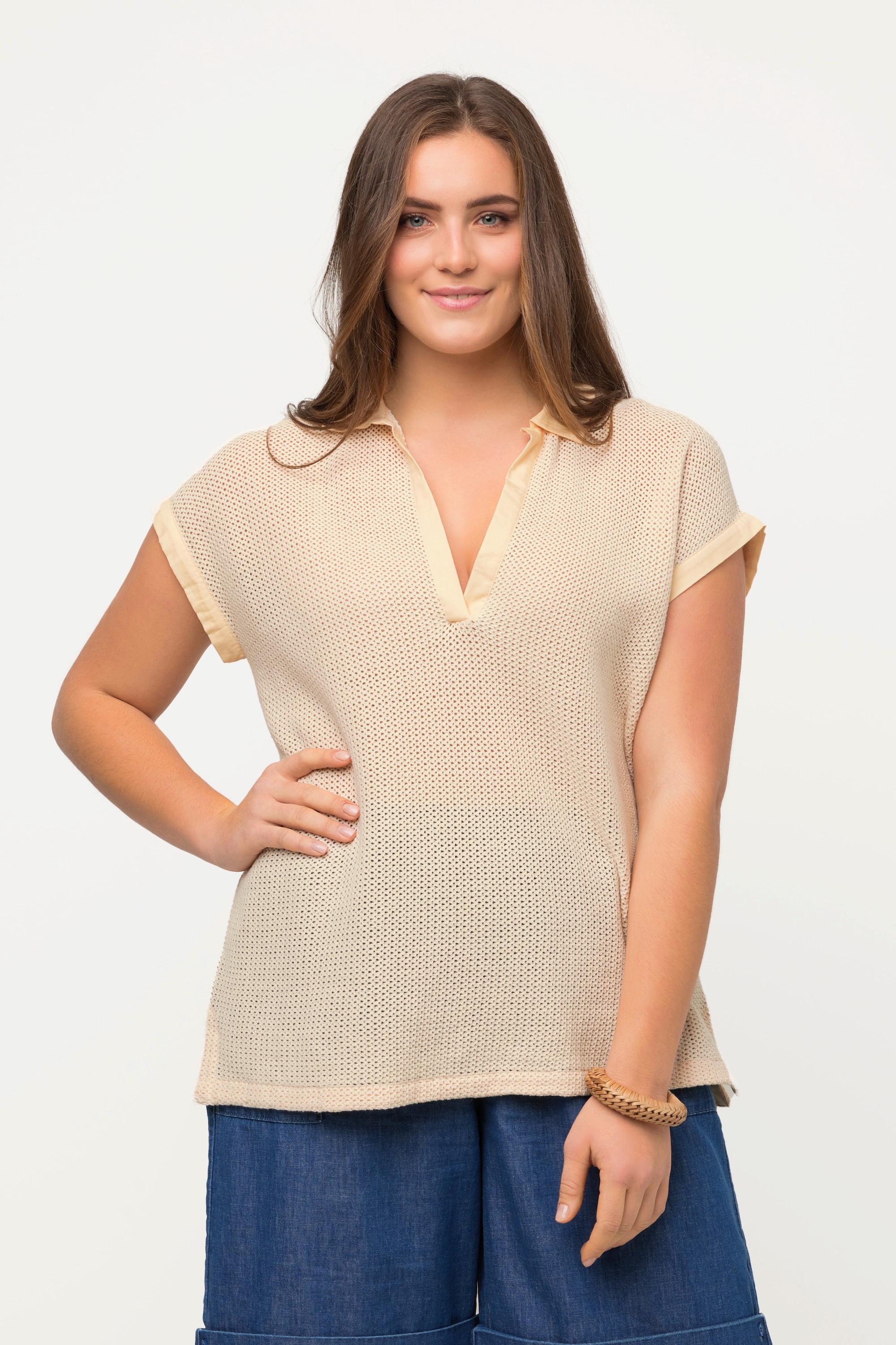 Ulla Popken Maglione Polo Mezza Manica Maglia Traforata  