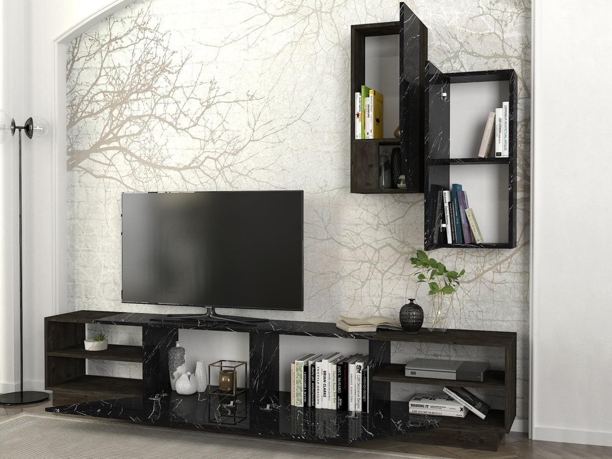 Vente-unique TV-Möbel-Set mit Stauraum -e Marmor-Optik & dunkles Holz - ZALTIA  
