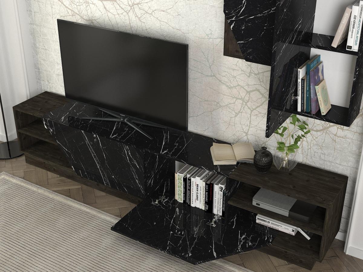 Vente-unique Set TV con scomparti Effetto marmo Nero e Naturale scuro - ZALTIA  