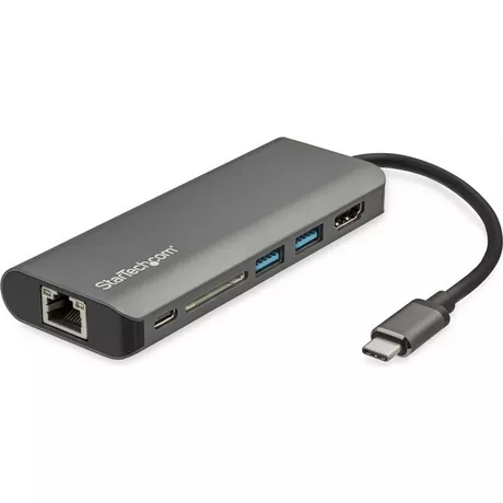 STARTECH.COM  StarTech.com USB-C Multiport Adapter - USB-C Reisedock auf 4k HDMI, 3x USB 3.0 Hub, SD/SDHC, GbE, 60W PD 3.0 Pass-Through - USB Typ-C/Thunderbolt 3 - Ersetzt DKT30CSDHPD 