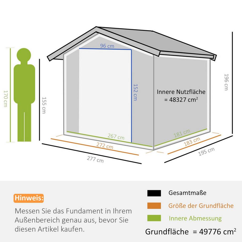 Northio Metall Gerätehaus Gartenhaus Mit Fundament, Geräteschuppen, Wetterfest, Grau, 277X195X192Cm  