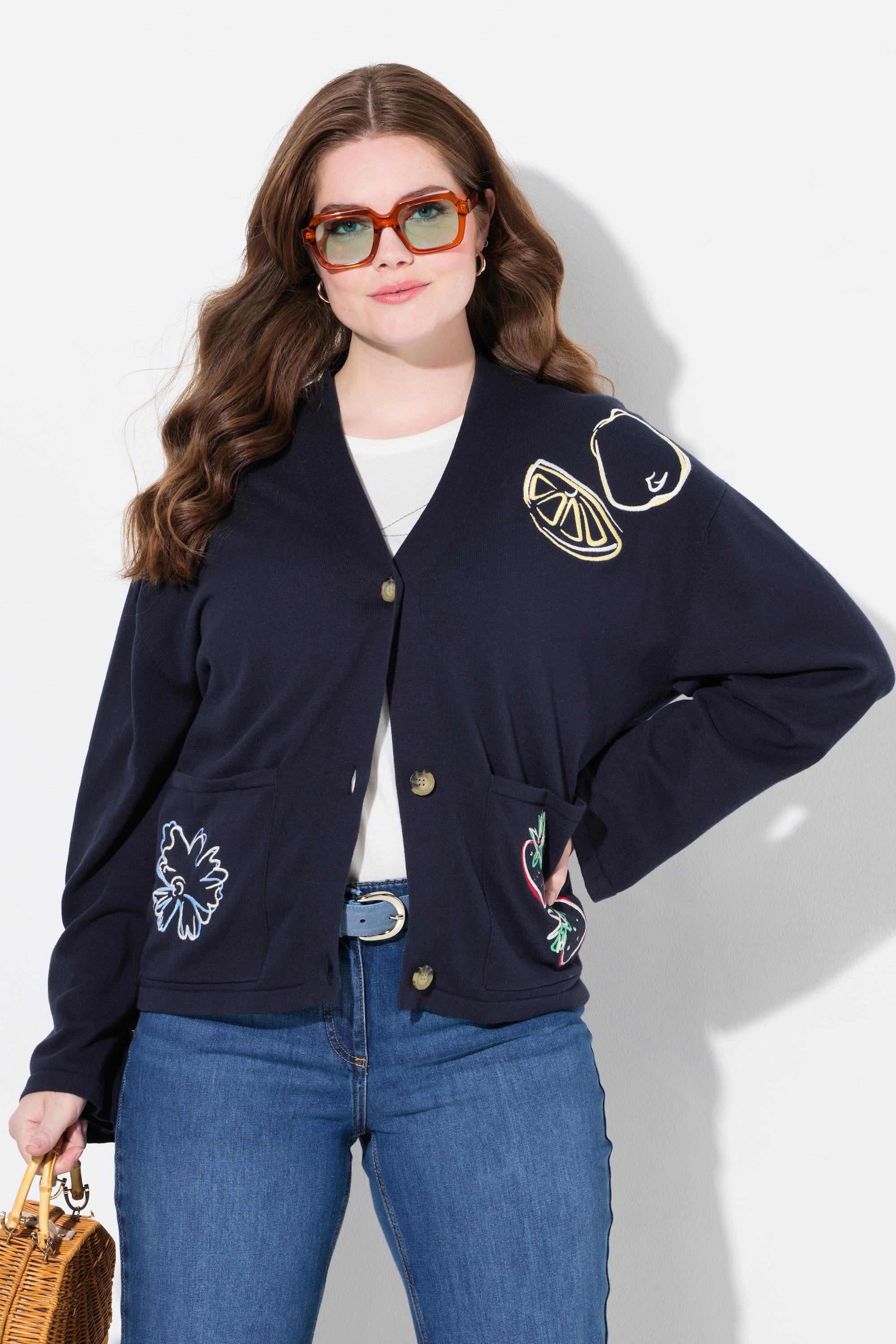 Ulla Popken Gilet Brodé Encolure V Manches Longues  