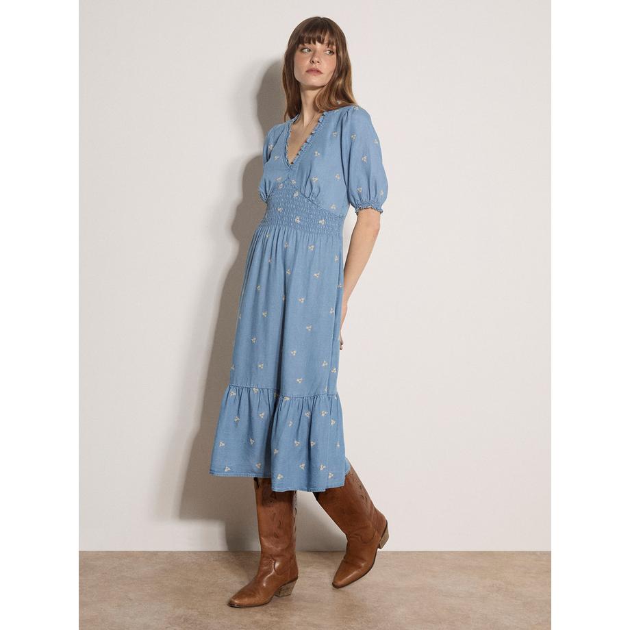 APRICOT Denim Midi Kleid mit Blumenstickerei  