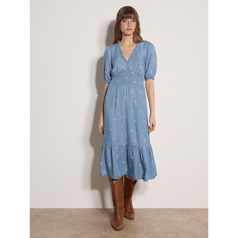 Midi-Kleid aus Denim mit Blumenstickerei