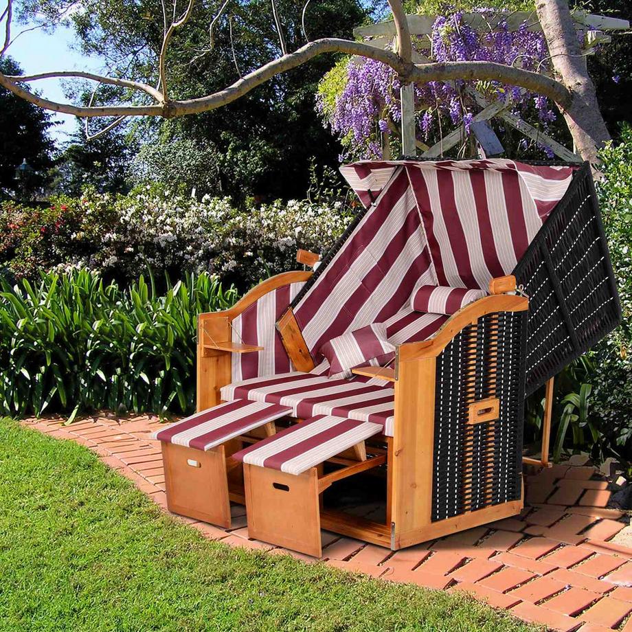 Northio Chaise De Plage Double Bain De Soleil Avec Toit Double Chaise Longue Avec Porte-Gobelets Chaise Longue Dossier À 5 Niveaux Pe Rotin Rouge + Blanc 118X79X160Cm  