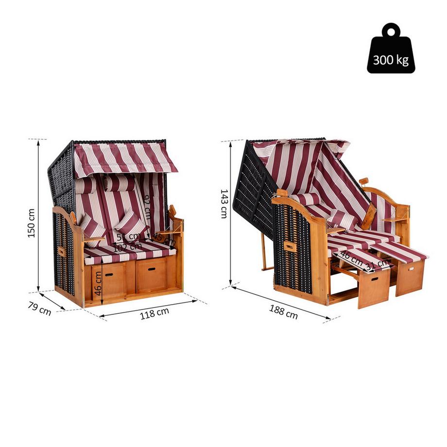 Northio Chaise De Plage Double Bain De Soleil Avec Toit Double Chaise Longue Avec Porte-Gobelets Chaise Longue Dossier À 5 Niveaux Pe Rotin Rouge + Blanc 118X79X160Cm  