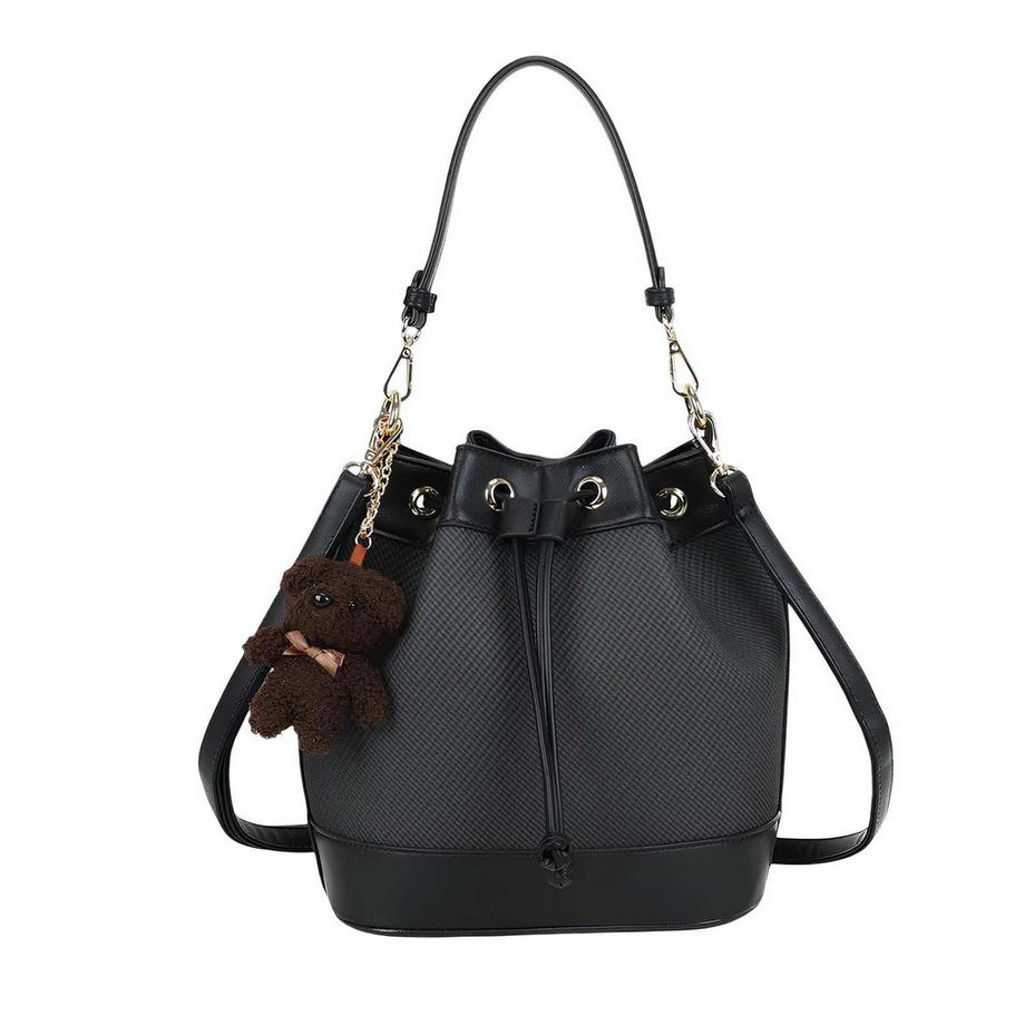 Borsa Secchiello Donna Bicolore Effetto Intrecciato con Corda Scorrevole e Gioiello Orsetto