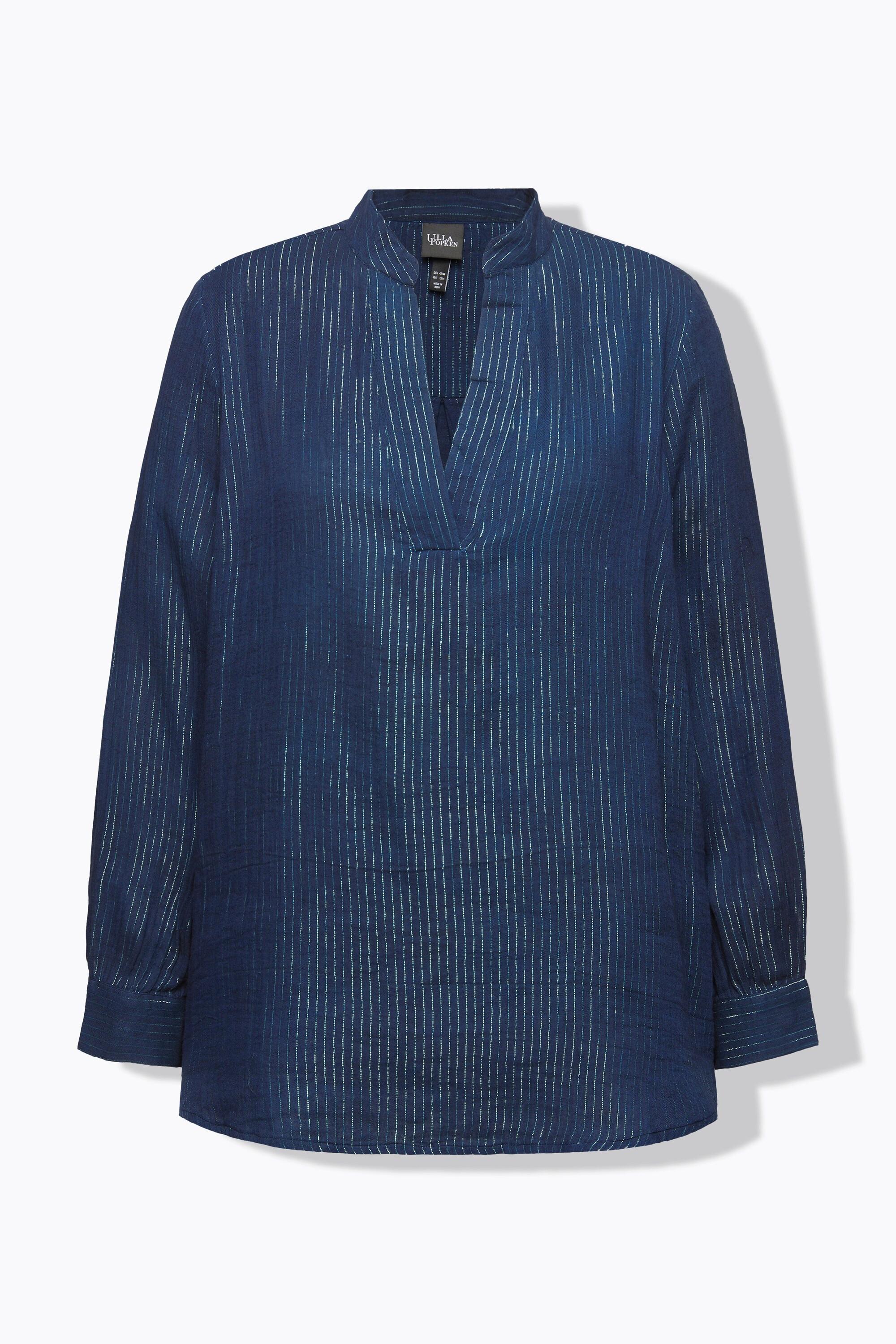 Ulla Popken Metallic Streifen A-Linie V-Ausschnitt Langarm Bluse  