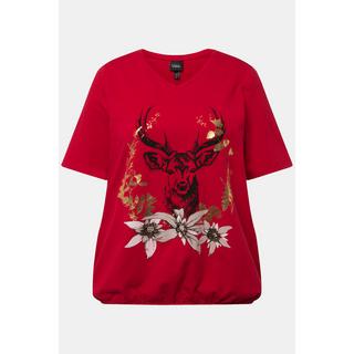 Ulla Popken  T-shirt con design in tradizionale stile Tracht, scollo a V, mezze maniche e orlo elastico 