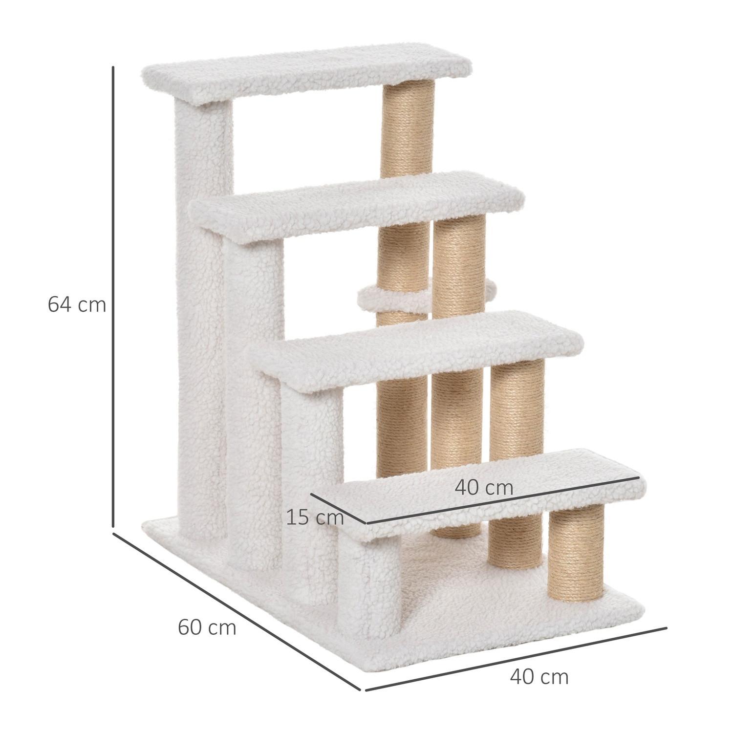 Northio  Scale per animali domestici con tiragraffi Scale per gatti e scale per cani a 4 gradini, truciolato, peluche, iuta, bianco, 60x40x64 cm 