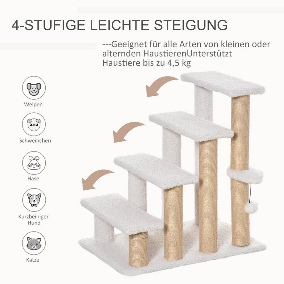 Northio  Haustiertreppe mit Kratzbaum 4-stufige Katzentreppe & Hundetreppe, Spanplatte, Plüsch, Jute, Weiß, 60x40x64cm 