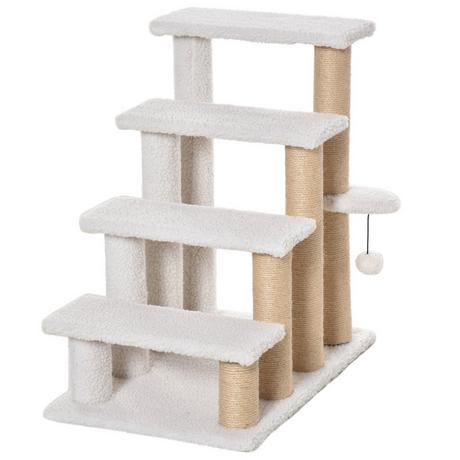 Northio  Scale per animali domestici con tiragraffi Scale per gatti e scale per cani a 4 gradini, truciolato, peluche, iuta, bianco, 60x40x64 cm 