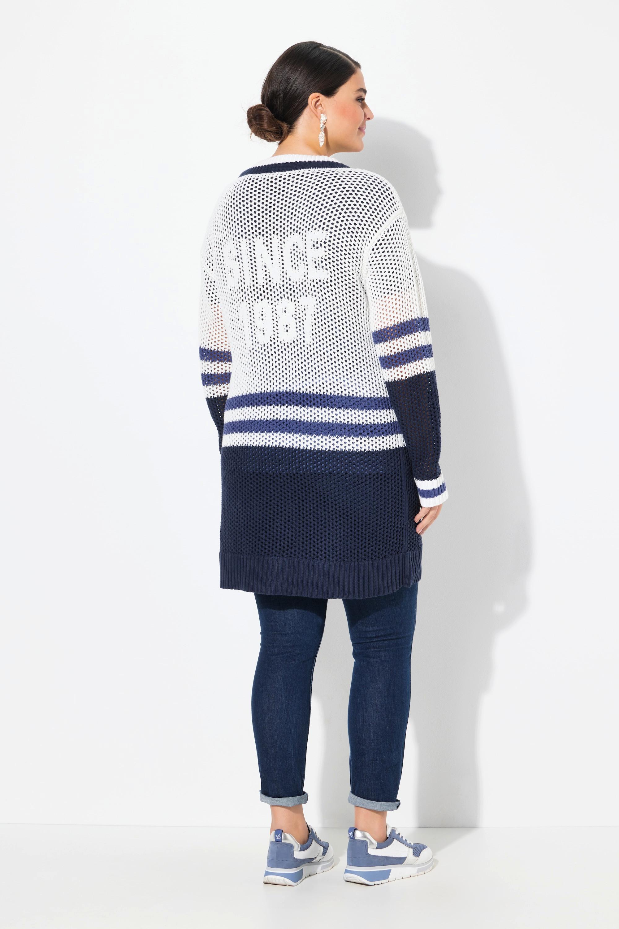 Ulla Popken Cardigan Long Rayures Classic Fit Encolure V Manches Longues  