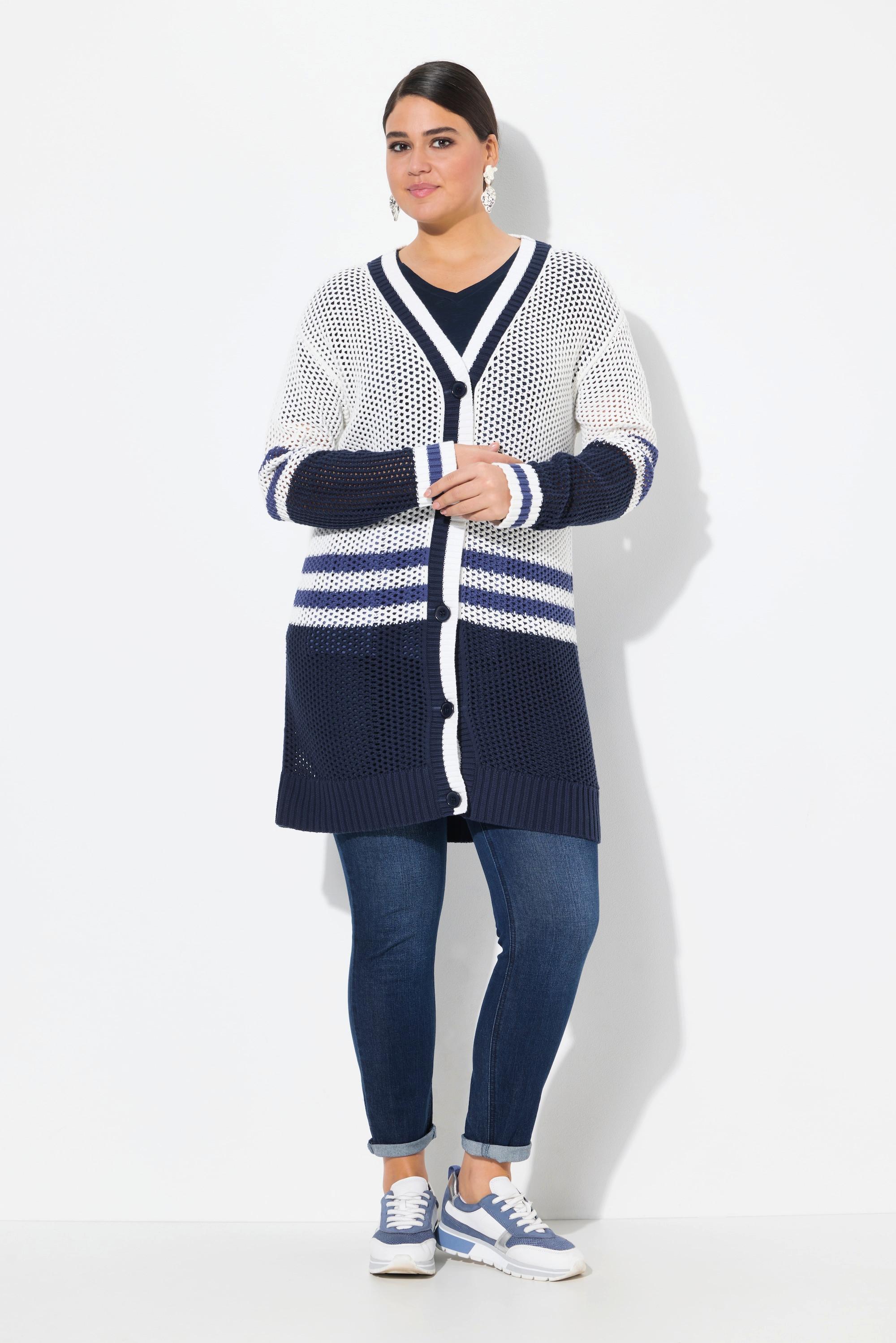 Ulla Popken Cardigan Long Rayures Classic Fit Encolure V Manches Longues  