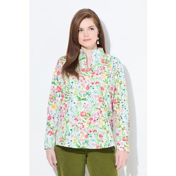 Blusa con fiori, collo montante, scollatura a V e maniche lunghe
