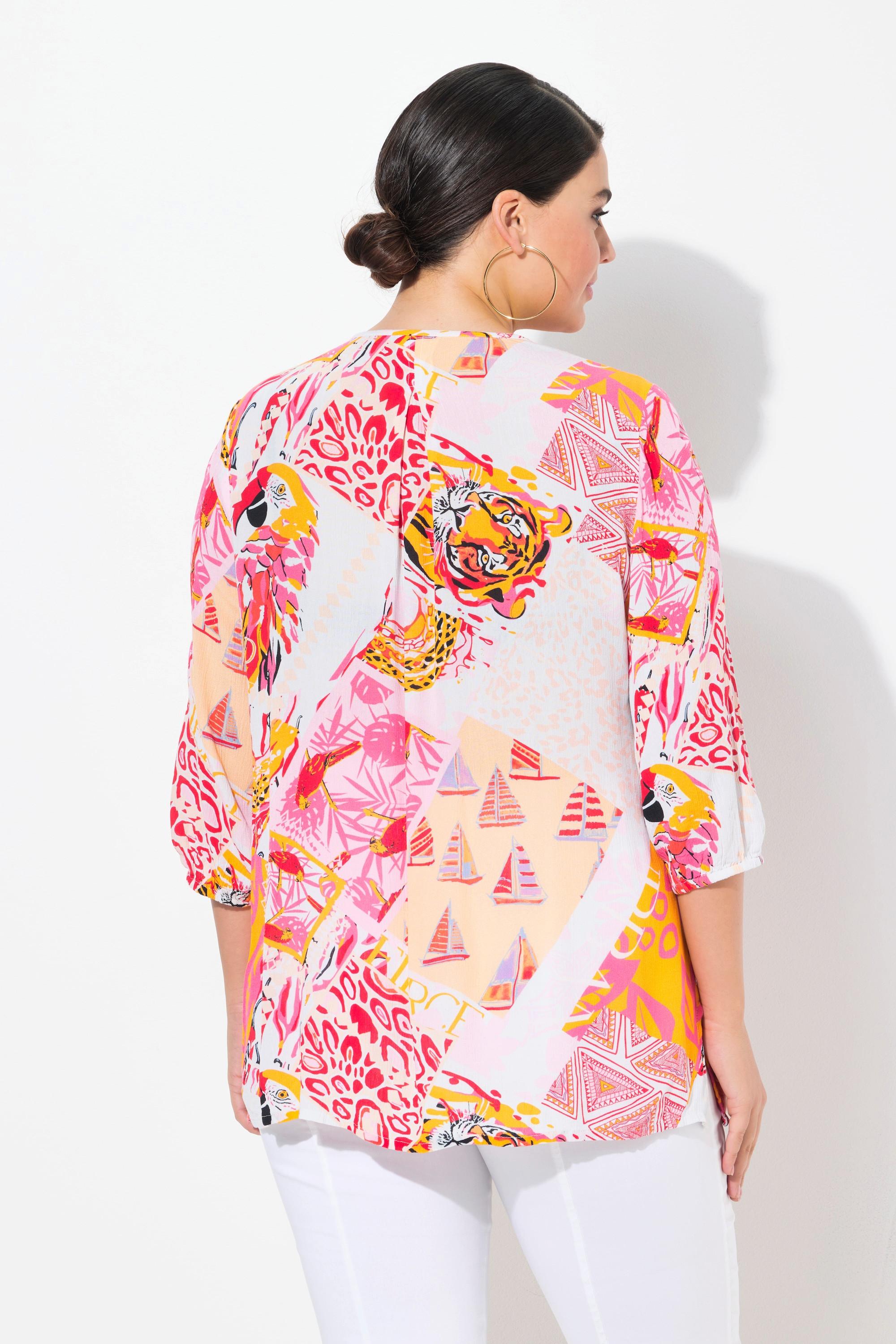 Ulla Popken Smok Bluse Patchdruck A-Linie Rundhals 3/4 Arm  