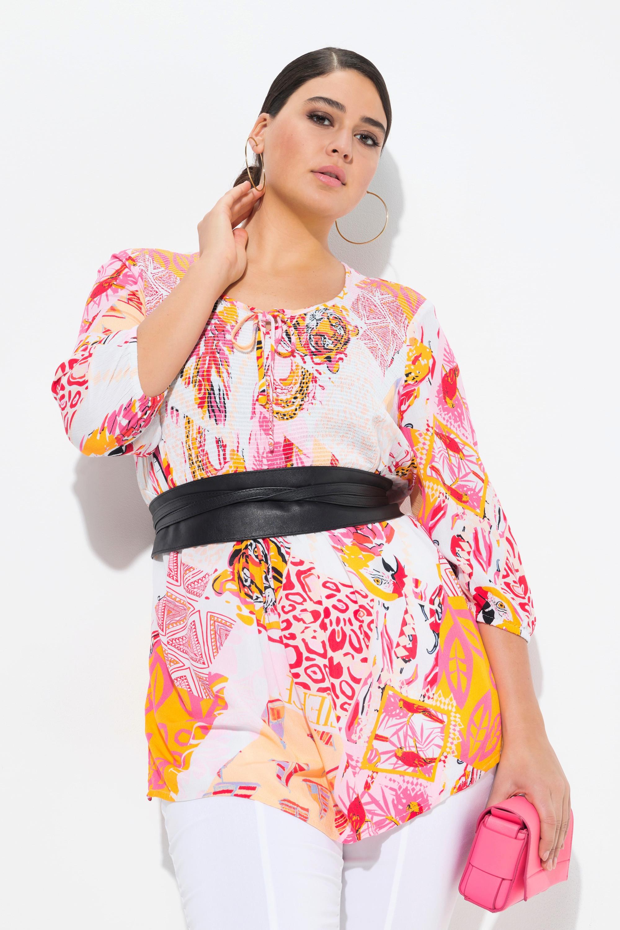 Ulla Popken Smok Bluse Patchdruck A-Linie Rundhals 3/4 Arm  