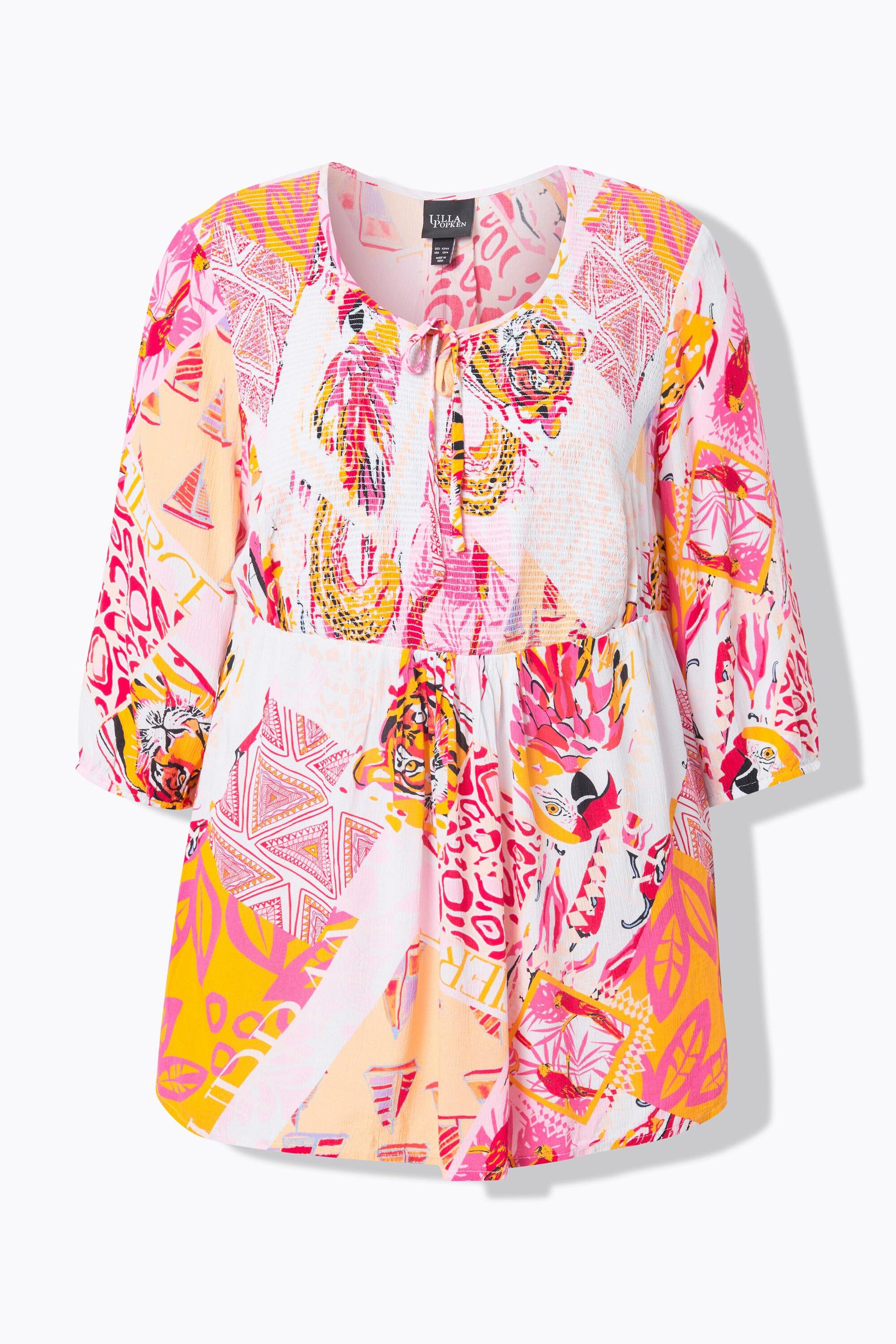 Ulla Popken Smok Bluse Patchdruck A-Linie Rundhals 3/4 Arm  