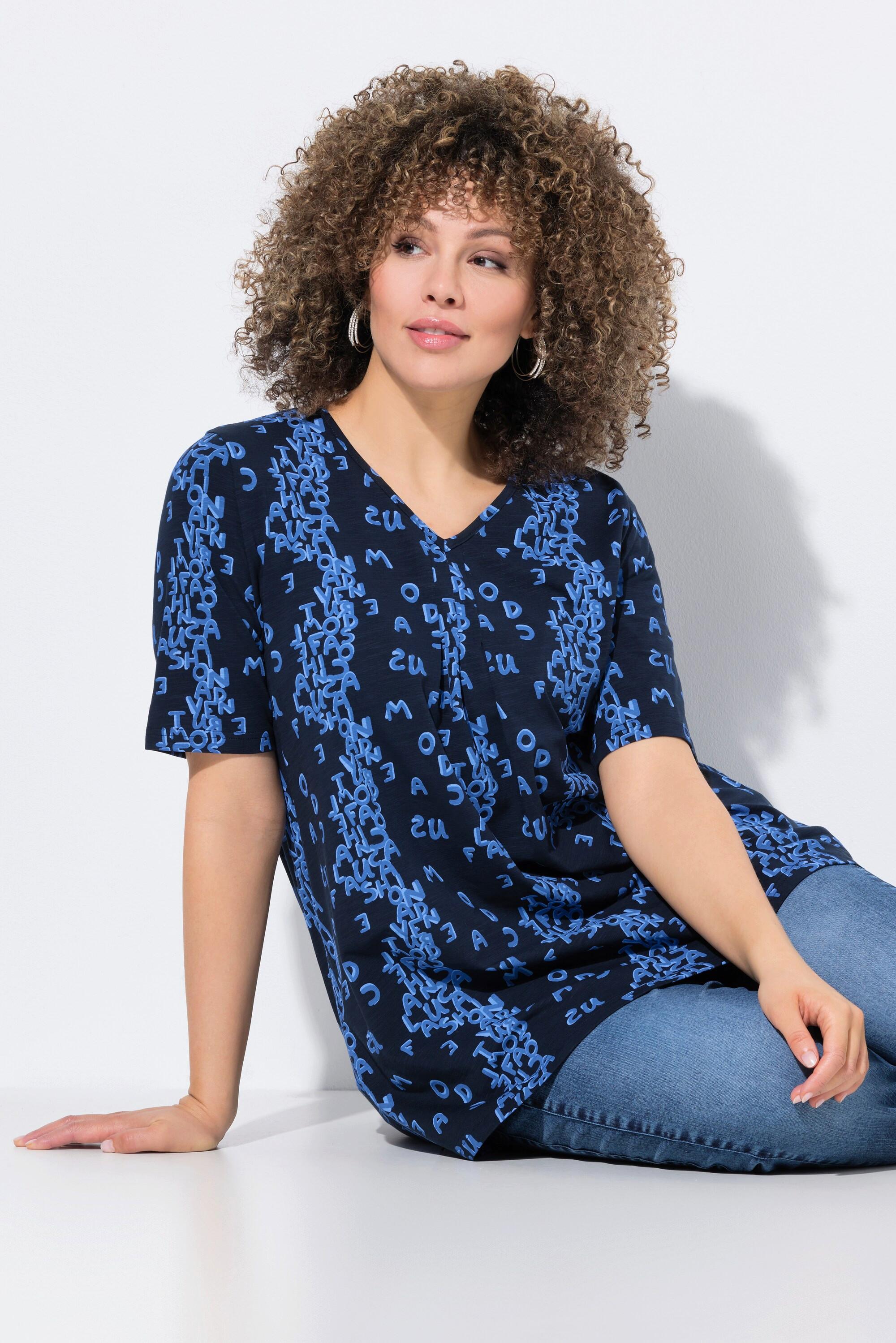 Ulla Popken T-Shirt Coupe Évasée Imprimé Lettres Col V Manches Courtes  