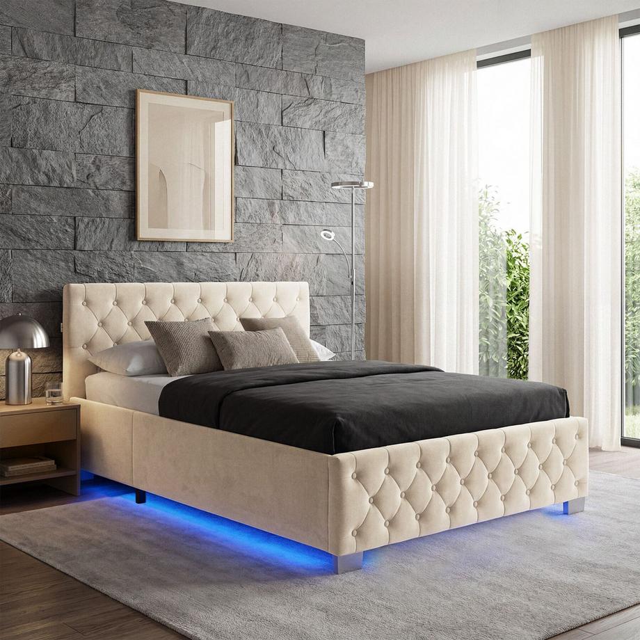 Tectake Lit avec matelas  lit rembourré aspect velours avec motif matelassé  
