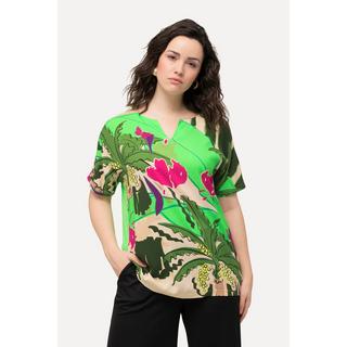 Ulla Popken T-Shirt Oversized Imprimé Palmiers Col Tunique Manches Courtes  