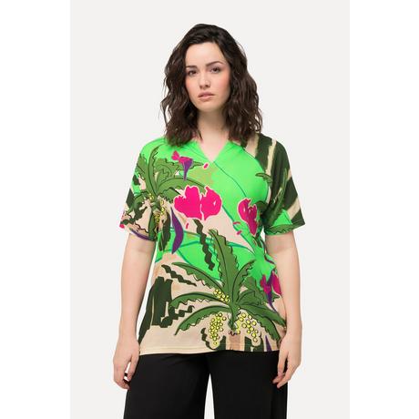 Ulla Popken T-Shirt Oversized Imprimé Palmiers Col Tunique Manches Courtes  