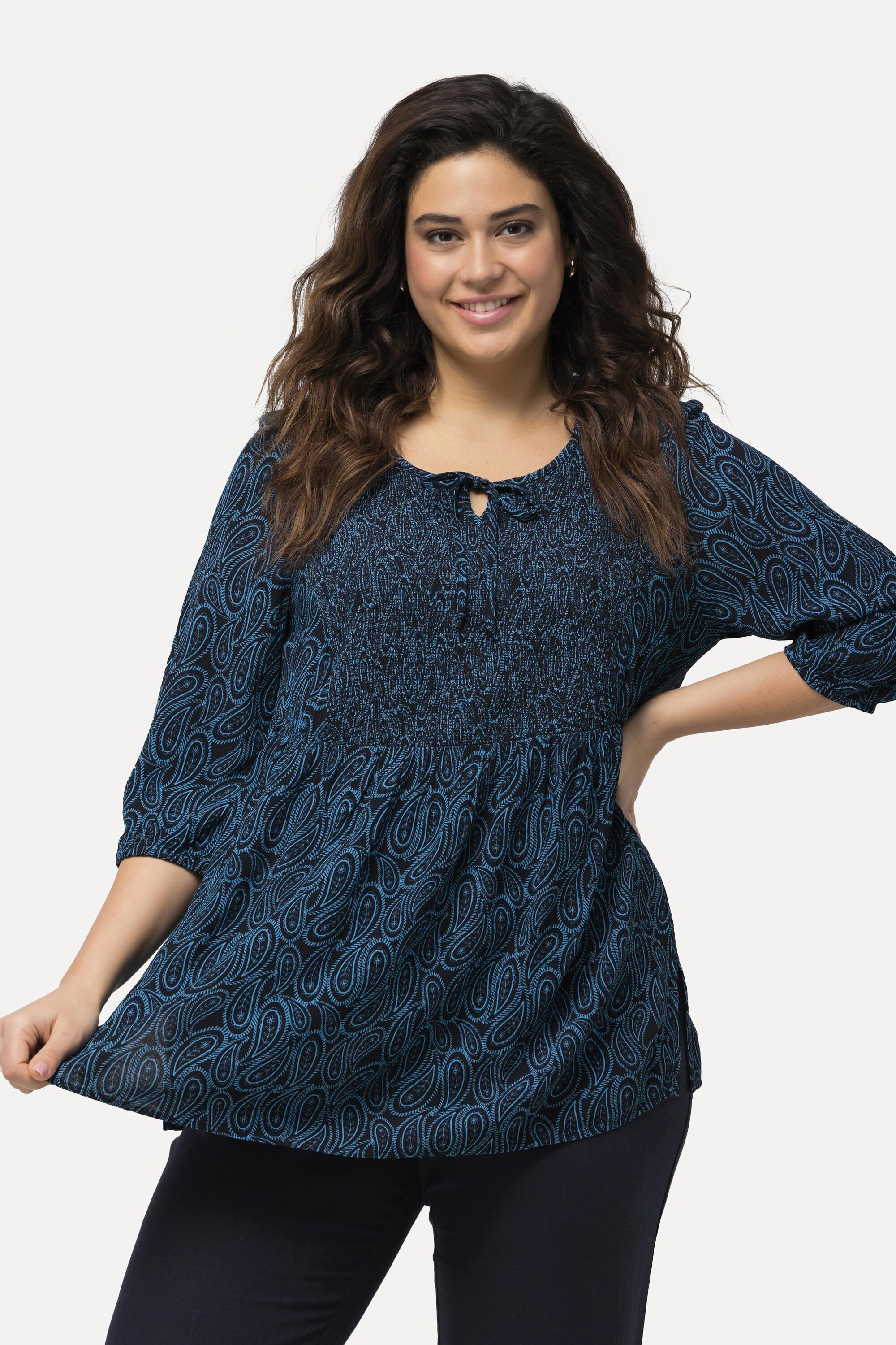 Ulla Popken Blusa Smockata Linea A Scollo Rotondo Maniche 3/4  