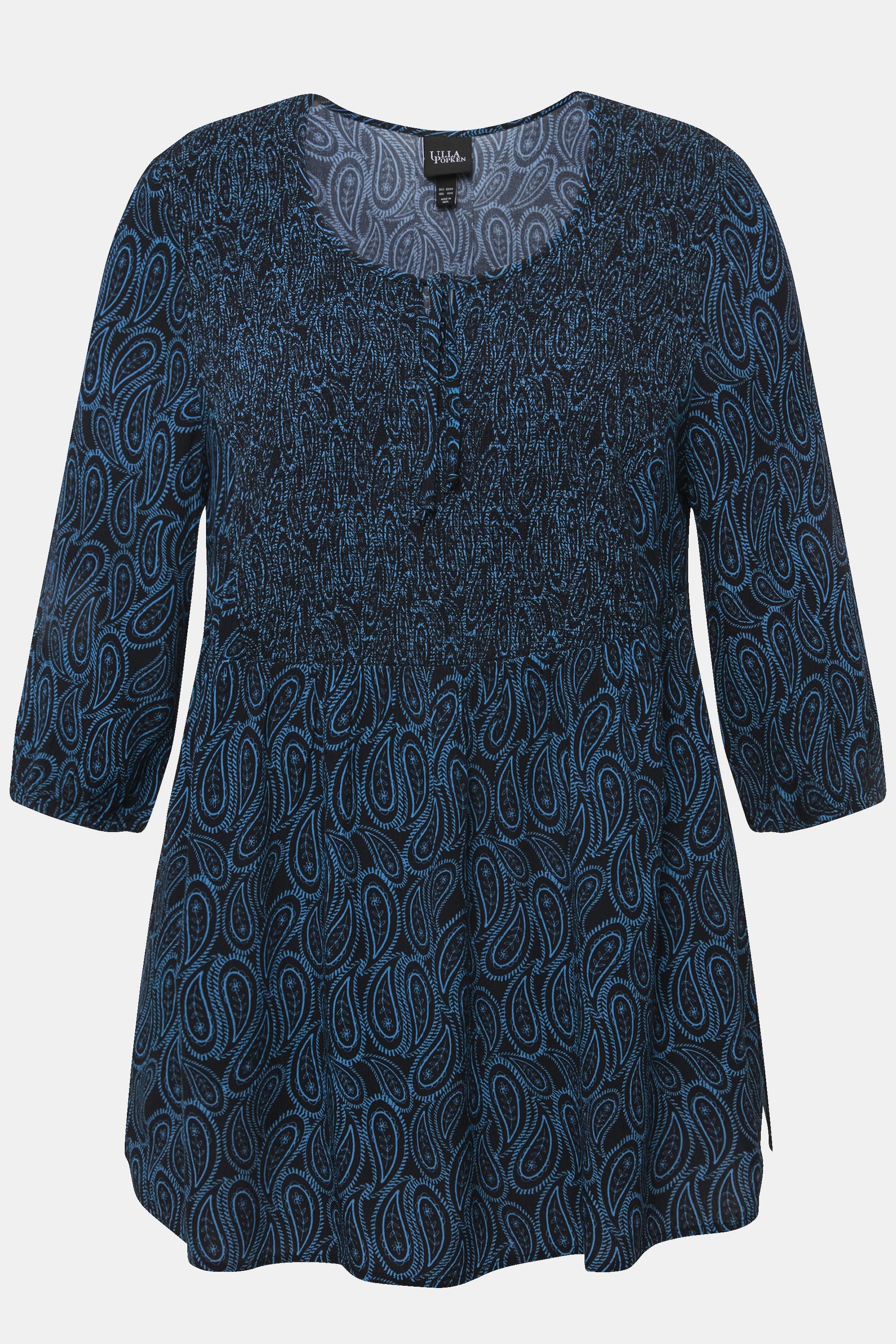 Ulla Popken Blusa Smockata Linea A Scollo Rotondo Maniche 3/4  