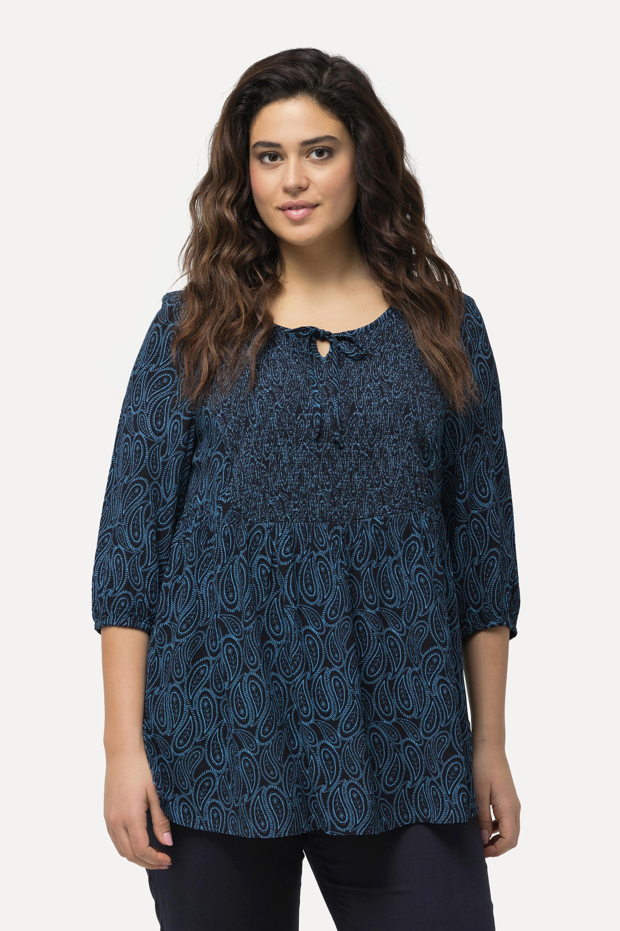 Ulla Popken Blusa Smockata Linea A Scollo Rotondo Maniche 3/4  