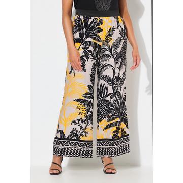 Pantalon à motif palmiers. Jambe droite et large. Taille élastique
