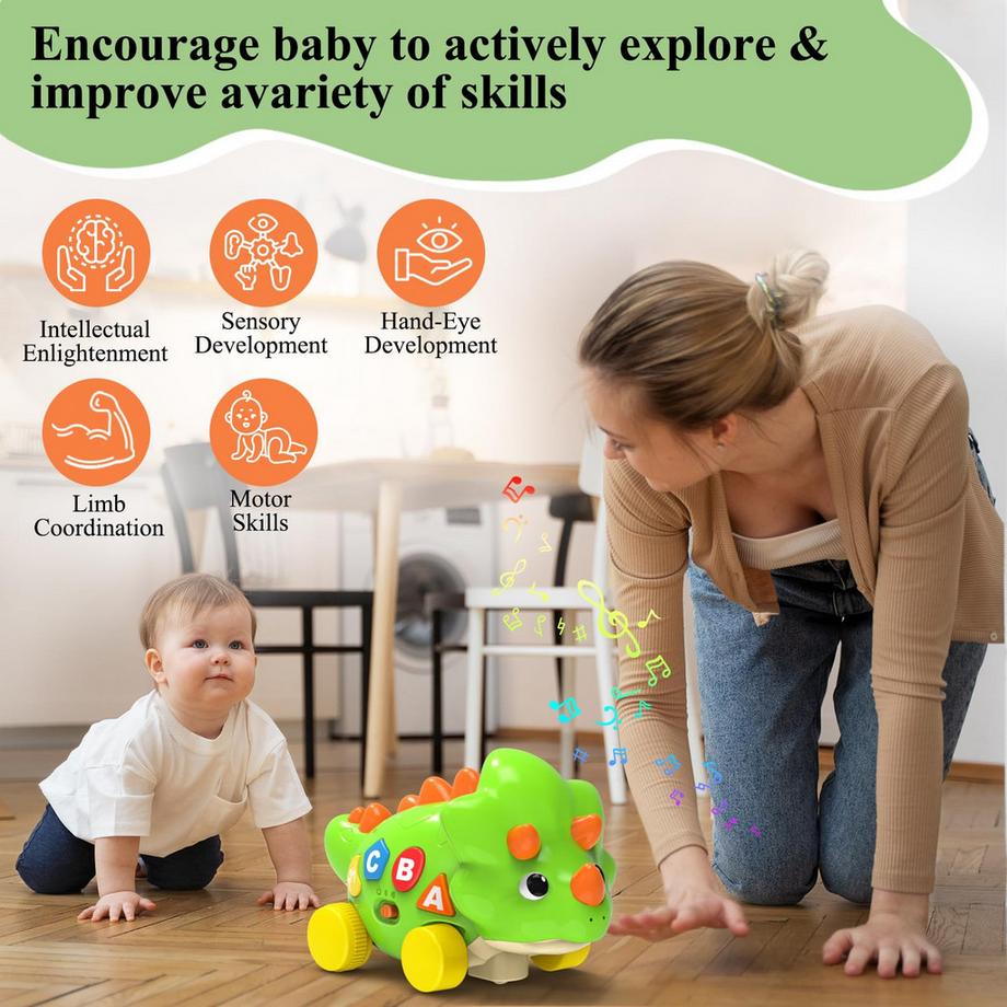 Activity-board  Dino Krabbelspielzeug mit Licht & Musik, musikalisches Kinderspielzeug mit automatischer Hindernisvermeidung 