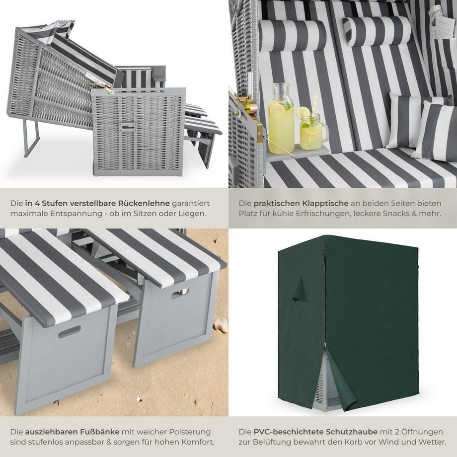 Tectake  Strandkorb Sylt gepolstert mit ausziehbaren Fußbänkchen verstellbar bis zur Liegeposition 