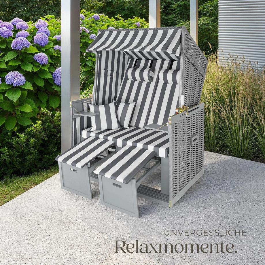 Tectake  Strandkorb Sylt gepolstert mit ausziehbaren Fußbänkchen verstellbar bis zur Liegeposition 