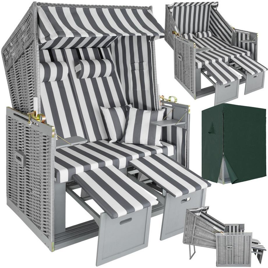 Tectake  Strandkorb Sylt gepolstert mit ausziehbaren Fußbänkchen verstellbar bis zur Liegeposition 