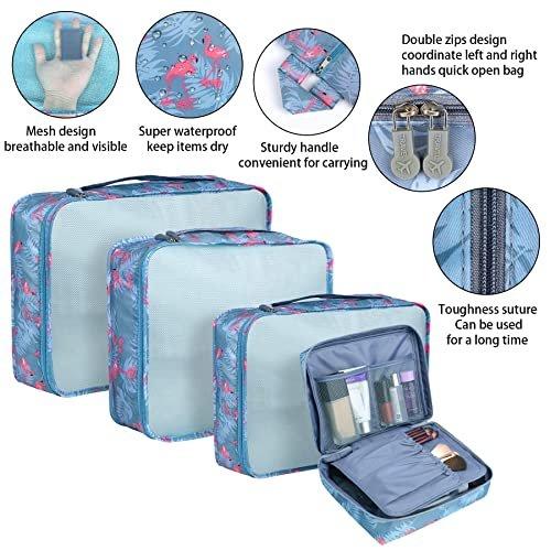 Only-bags.store  Packung mit 8 Packwürfeln, Koffer-Organisationswürfel, mit Schuhbeutel, Wäschesack, Reise-Organisatoren, Kleidersäcke, für Rucksack, Blau Flamingo 