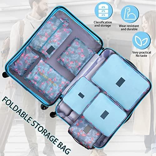 Only-bags.store  Lot de 8 cubes de rangement, cubes d'organisation pour valise, avec sac à chaussures, sac à linge, organisateur de voyage, sacs à vêtements, pour sac à dos, Blue Flamingo 