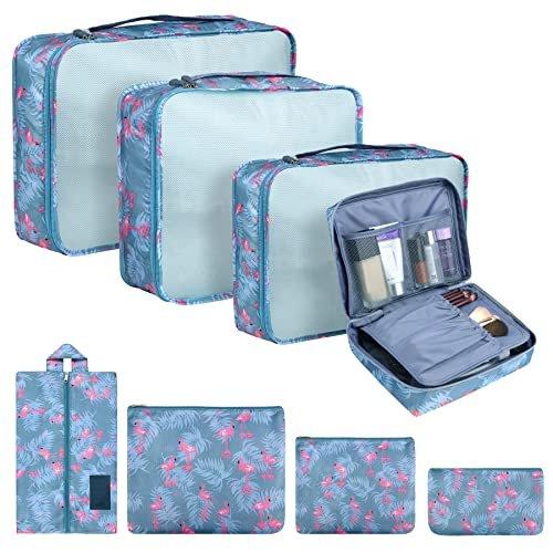 Only-bags.store  Lot de 8 cubes de rangement, cubes d'organisation pour valise, avec sac à chaussures, sac à linge, organisateur de voyage, sacs à vêtements, pour sac à dos, Blue Flamingo 