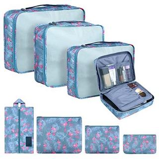 Only-bags.store  Lot de 8 cubes de rangement, cubes d'organisation pour valise, avec sac à chaussures, sac à linge, organisateur de voyage, sacs à vêtements, pour sac à dos, Blue Flamingo 