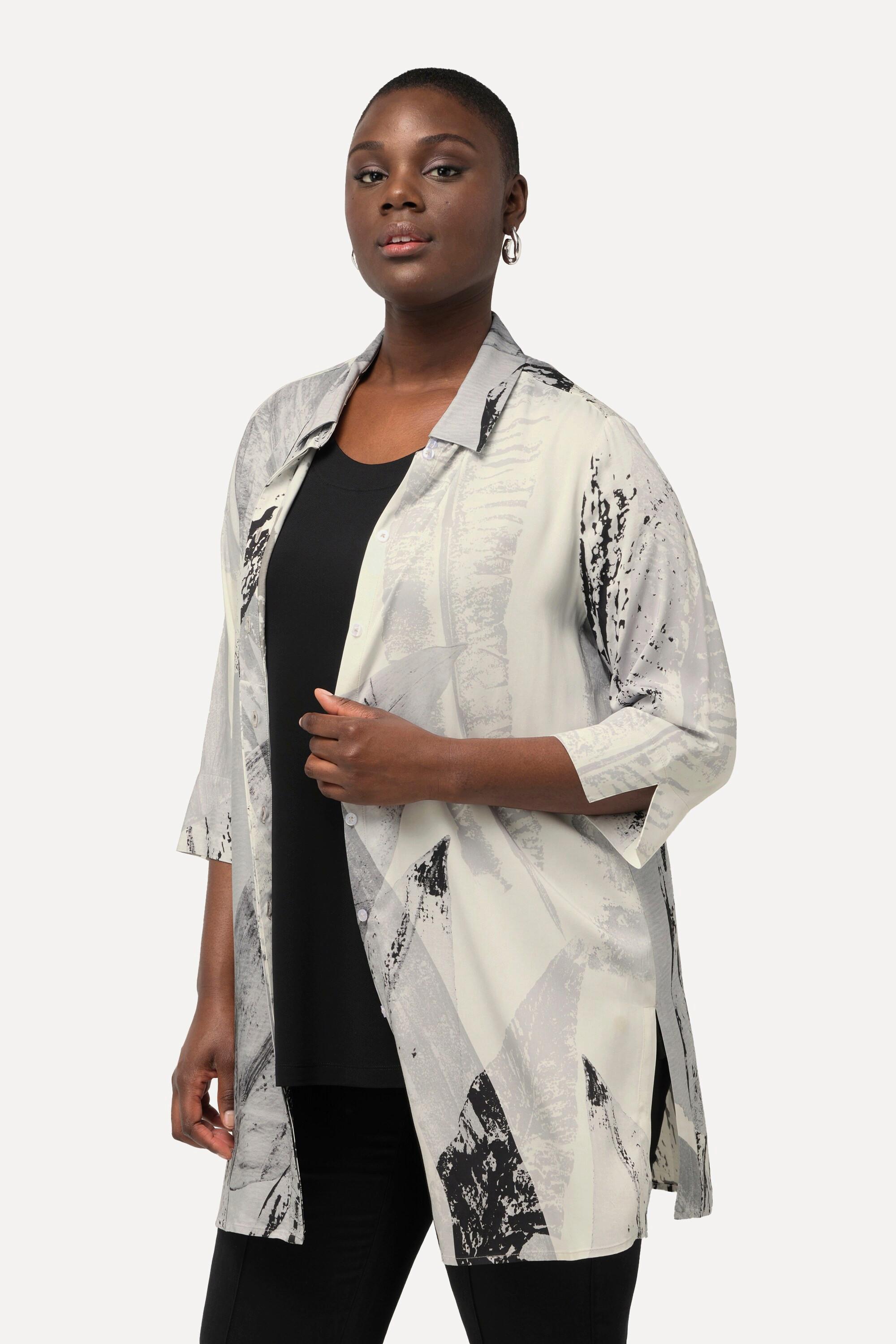 Ulla Popken  Blouse longue à motif plumes, avec col de chemise et manches 3/4 