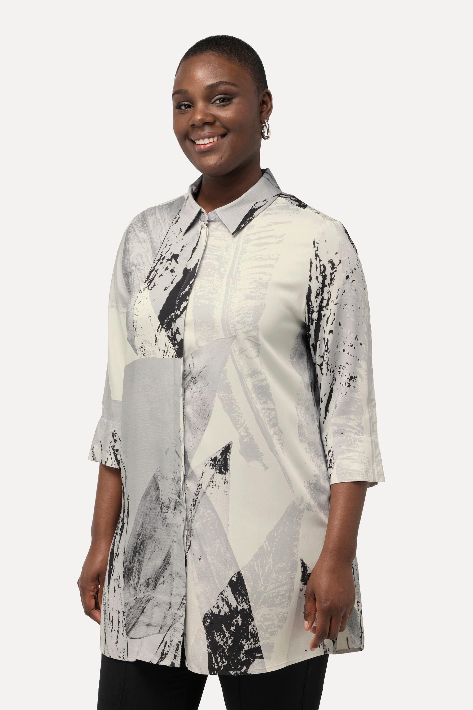 Ulla Popken  Blouse longue à motif plumes, avec col de chemise et manches 3/4 