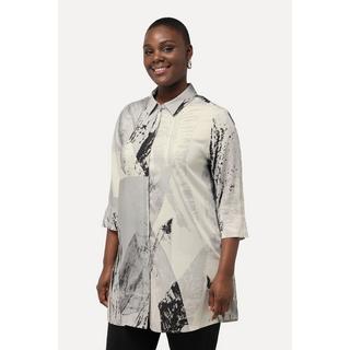 Ulla Popken  Blouse longue à motif plumes, avec col de chemise et manches 3/4 