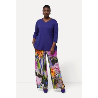 Ulla Popken  Pantalon en tissu fluide slinky à fleurs, jambe large et taille élastique 