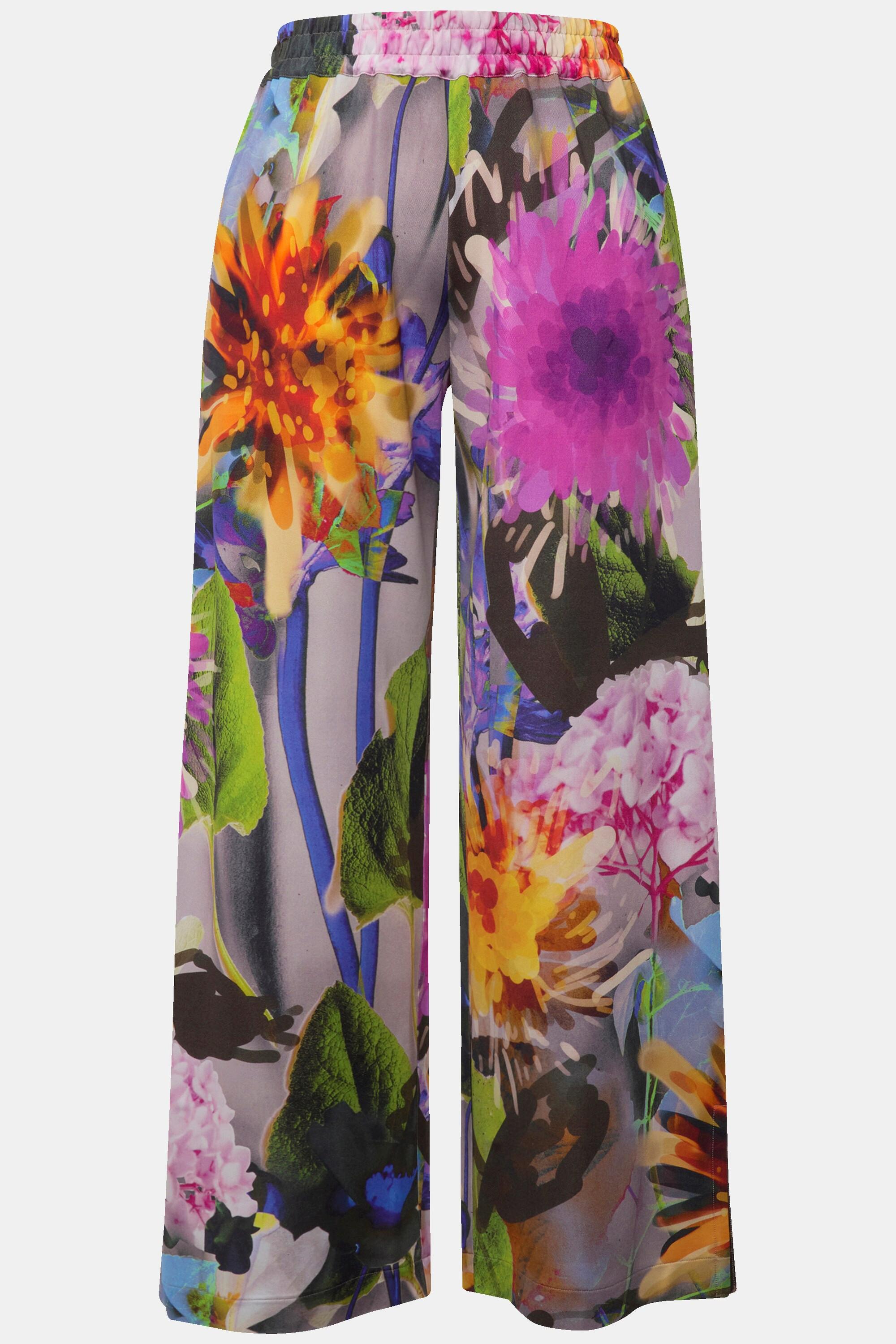 Ulla Popken  Pantalon en tissu fluide slinky à fleurs, jambe large et taille élastique 